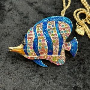 Betsey Johnson Blue Stripe Rainbow Fish Rhinestone Pendant Necklace